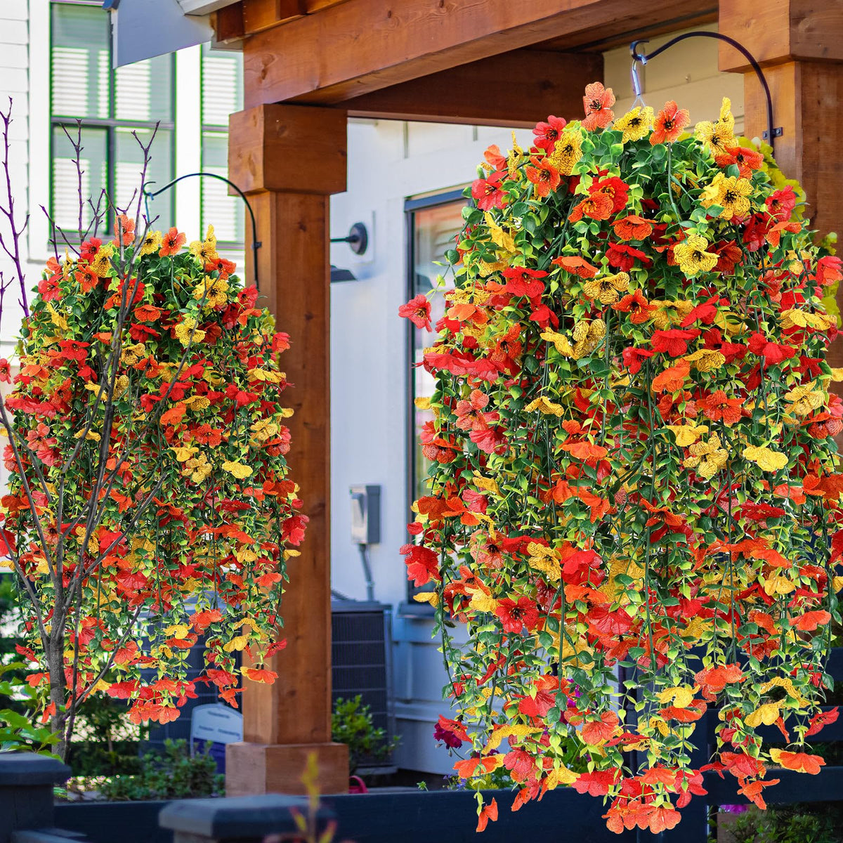 FineCheer 6 Pcs Fall Artificial Hanging Flower Outdoor, Red, Yellow, Orange
