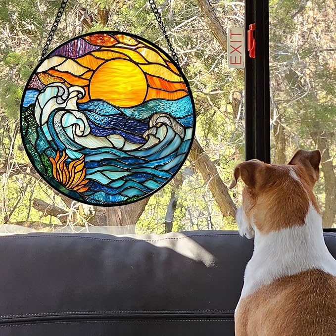 Stained Glass Window Hanging, Orange Sun Blue Sea Waves Landscape Suncatcher for Doors Window Home Sun Catchers Decor Mother's Day Birthday Gifts for Women, Men Mom 6.3 in