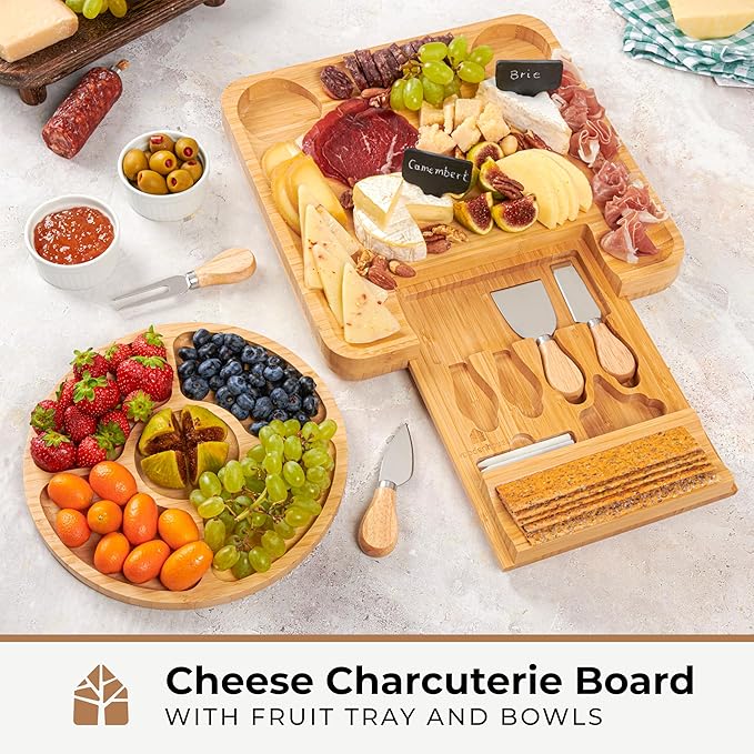 Bamboo Charcuterie Boards Gift Set - Meat and Cheese Tray with Utensils, Fruit Tray, and 2 Sauce Bowls Included - Bamboo Cheese Platter - House Warming Gifts New Home Couples & Family, Wedding Gifts