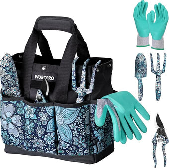 WORKPRO 5PCS Garden Tool Set, Aluminum Heavy Duty Gardening Tool Set with Garden Tool Bag, Outdoor Garden Hand Tools, Floral Blue