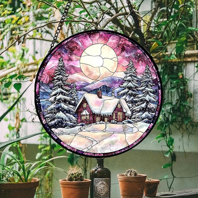 AMDERVEN Stained Glass Window Hanging - Winter Snow Scene Cabin Moon Sun Catcher for Door Garden Home Decor Pine Tree Suncatcher Christmas Mother's Day Birthday Gifts for Women Men Mom Nana 7.8 in