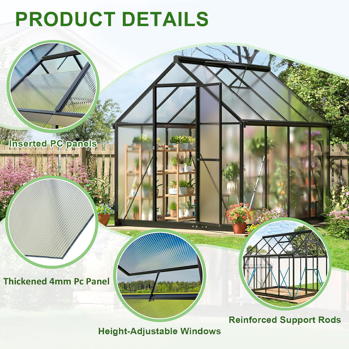 Polar Aurora 6x8 FT Walk-in Polycarbonate Heavy Duty Greenhouse