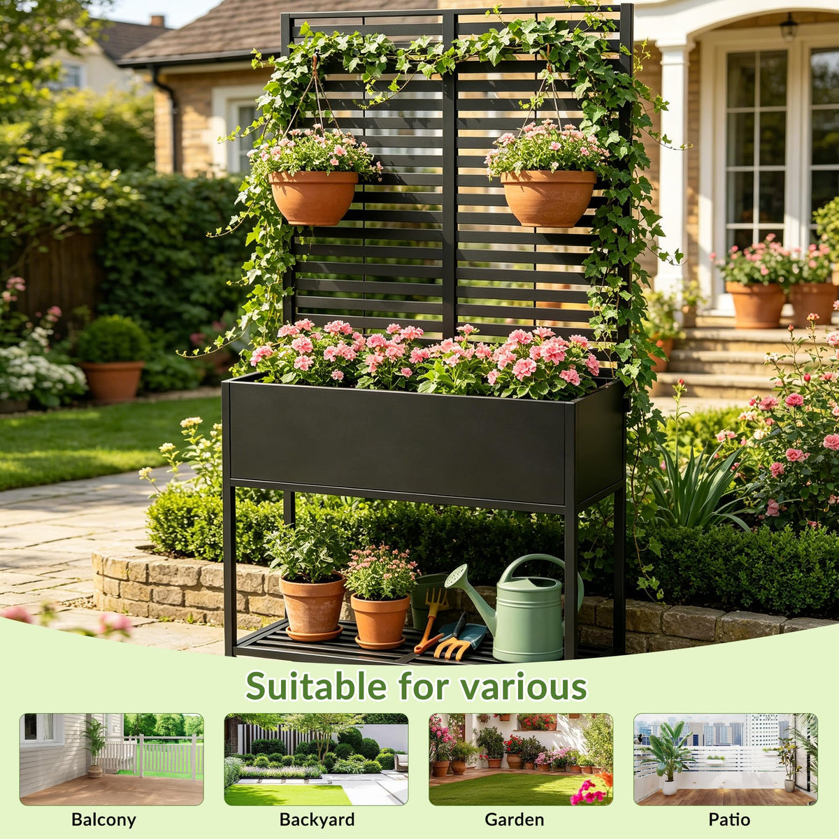 Metal Raise Garden Bed with Trellis,70" Elevated Trellis Planter Outdoor