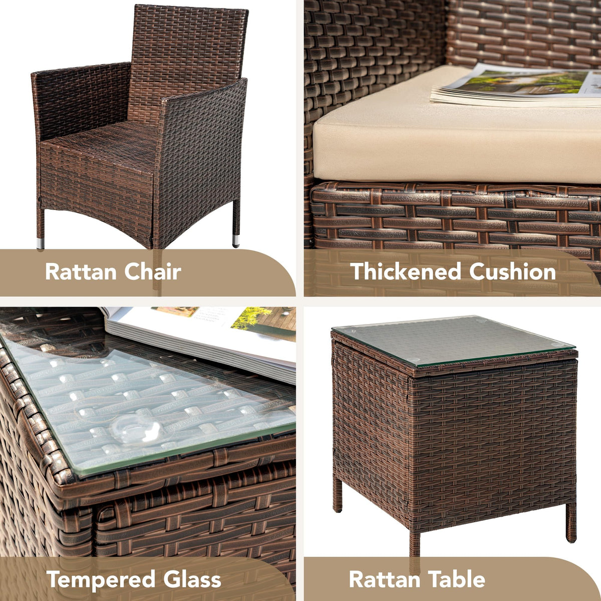 Devoko 3 Piece Patio Furniture Set Outdoor Wicker Conversation (Brown)