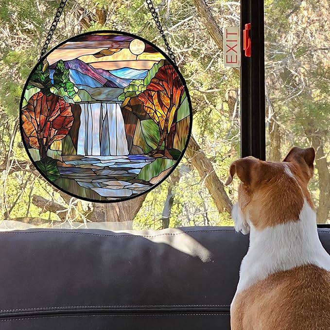 Stained Glass Window Hanging, Abstract Landscape Waterfall Mountains Trees Suncatcher for Doors Window Home Sun Catchers Decor Mother's Day Birthday Gifts for Women Men Mom 9.8 in