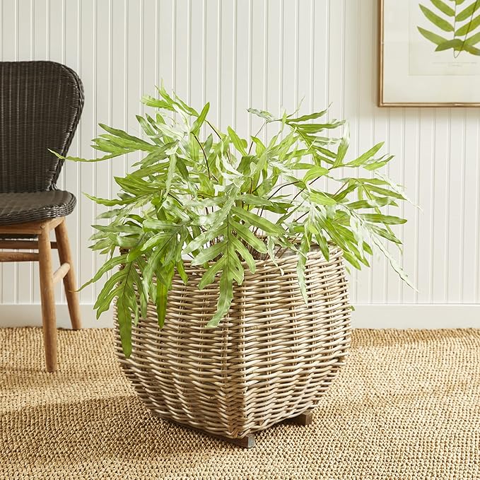 MY SWANKY HOME Elegant Curved Square Natural Rattan Planters with Liners Floor Baskets