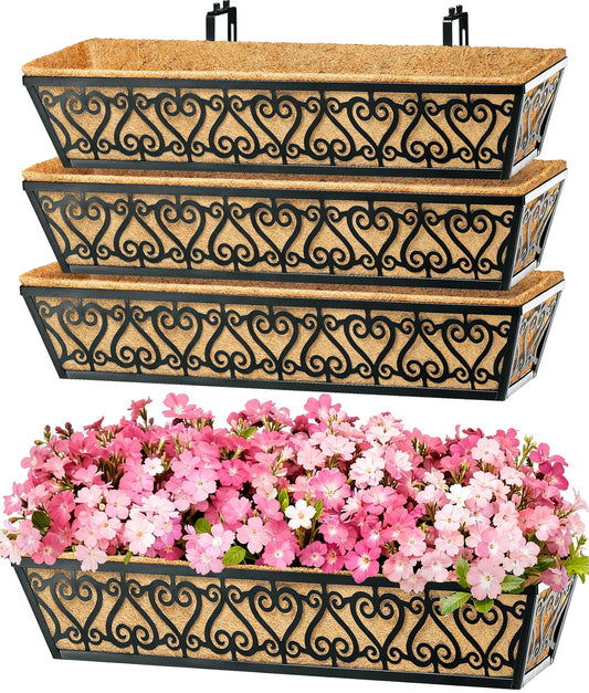 EINYEXW 4 Pack 30 Inch Deck Railing Planter Box - Window Boxes Planters with Adjustable Brackets Coco Liners Balcony Planters Railing Hanging for Window Flower Boxes Outdoor Garden Decor