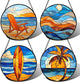 DASTOLL Stained Glass Window Hanging 4 Pcs Set Blue Orange Ocean Beach Theme Large 15" - Suncatcher Door Garden Sun Catcher Decor Birthday Christmas for Mom Woman Nana Men Wife