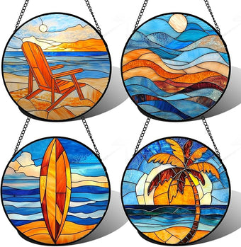 DASTOLL Stained Glass Window Hanging 4 Pcs Set Blue Orange Ocean Beach Theme 9.8" - Suncatcher Door Garden Sun Catcher Decor Birthday Christmas for Mom Woman Nana Men Wife
