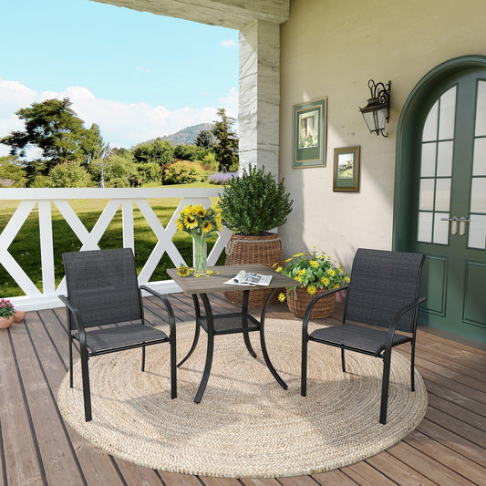 DIFY 3-Piece Outdoor Patio Bistro Dining Set, Grey Wood-Like Small Square Dining Table & 2 Grey Stackable Metal Chairs with Breathable Fabric, Outdoor Furniture Set for Balcony, Porch, and Deck