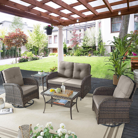 Belord 5 Piece Wicker Patio Furniture Set - Outdoor Conversation Sets with Deep Seating Swivel Rocker Chairs Loveseat and Rattan Coffee Table for Deck Backyard, Brown Wicker/Grey Cushion