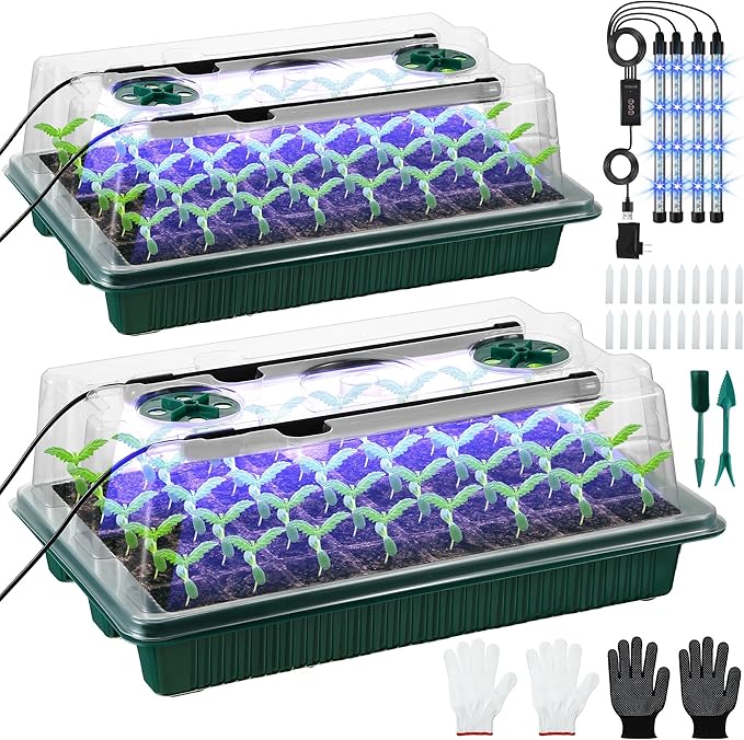 Saillong 2 Pack Seed Starter Tray with Grow Light, 80 Cells Indoor Greenhouse Kit, 360° Full Spectrum LED, Smart Timer, 5 Brightness Levels Indoor Plant Starter Kit for Home Gardeners