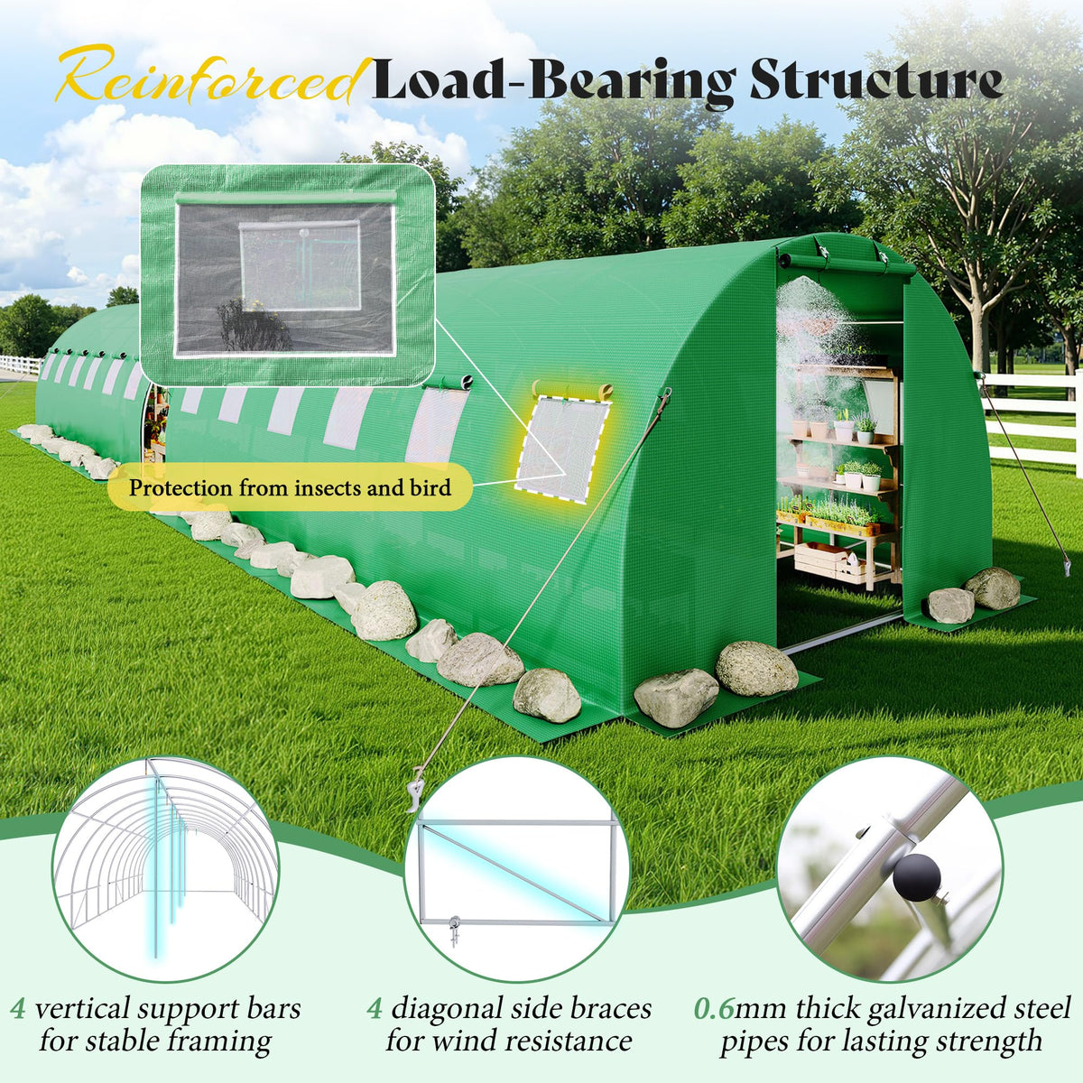 AMERLIFE 44x10 FT Green Walk-in Tunnel Greenhouse with Watering System