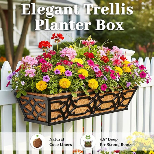 Railing Planter Box, Window Planter Boxes Outdoor 4 Pack 30 Inch Hanging Planter with Adjustable Bracket for Porch, Fence Flower Baskets with Coco Liners