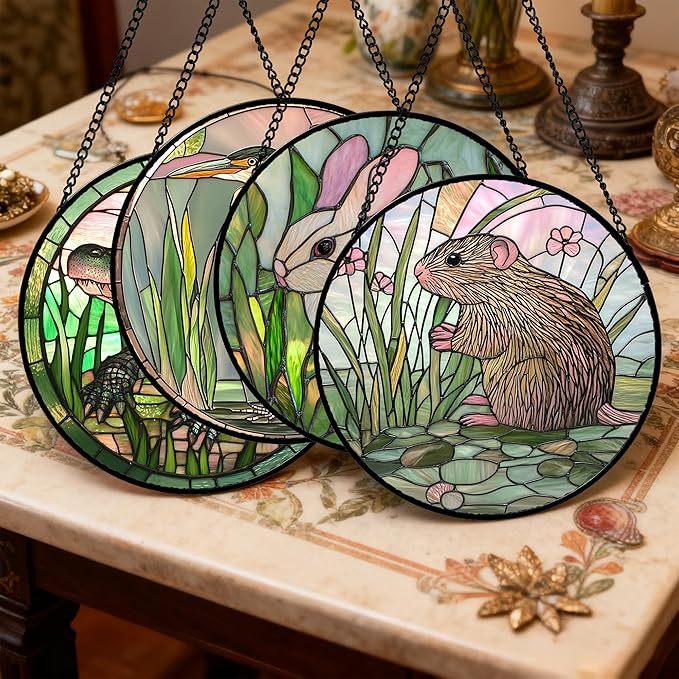 DASTOLL Stained Glass Window Hanging 4 Pcs Set Cute Animal Large 11.8"- Green Plant Pink Suncatcher Door Garden Sun Catcher Decor Birthday Christmas for Mom Woman Nana Men Friend