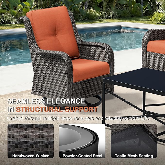 Joyside 7 Piece Wicker Patio Furniture Set, Outdoor Swivel Rocker Patio Chairs with High Back, Deep Seating, Wide Armrest, Thickened Cushions, Outdoor Furniture for Deck, Porch Use