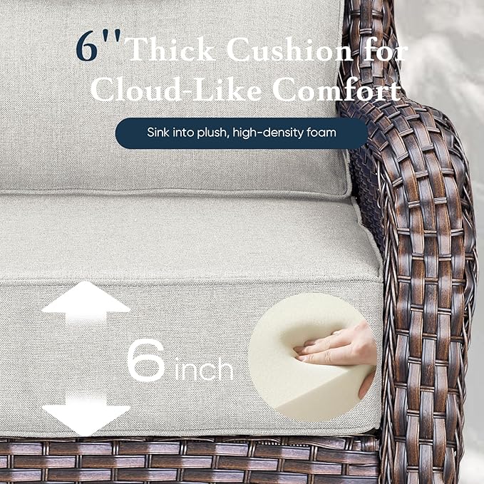 Belord Luxury 6" Thick Cushioned Outdoor Swivel Rocker Patio Chairs with Side Table, High Back Wicker Furniture Set with Ergonomic Zone Back, Conversation Glider Set for Deck Porch - Brown+Beige