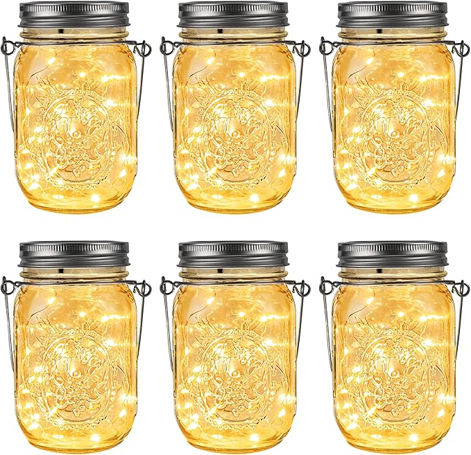 GIGALUMI Hanging Mason Jar Solar Lights, 6 Pack 30 Led Tinplate Lids Hanging Solar Lanterns Outdoor Waterproof, Hangers and Jars Included, Outdoor Decor for Balcony, Garden, Patio, Yard, Wedding