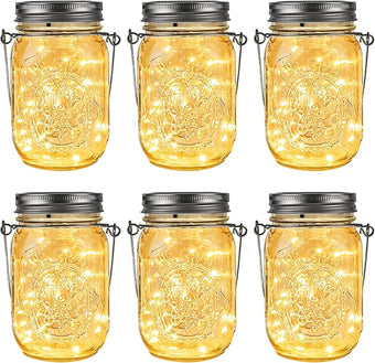 GIGALUMI Hanging Mason Jar Solar Lights, 6 Pack 30 Led Tinplate Lids Hanging Solar Lanterns Outdoor Waterproof, Hangers and Jars Included, Outdoor Decor for Balcony, Garden, Patio, Yard, Wedding
