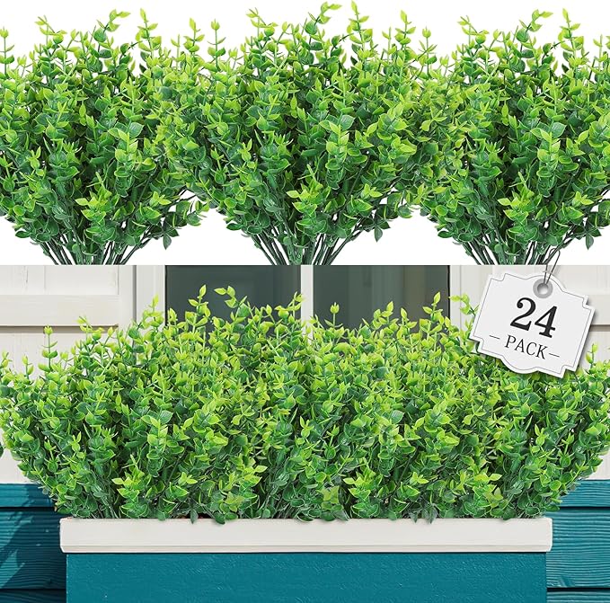 AGIRL 24 Bundles Fake Plants Greenery Stems,Artificial Plants for Outdoor,No Fade Faux Plastic Plants for Hanging Indoor,St Patricks Day Decoration Garden Porch Window Box Home Wedding Farmhouse