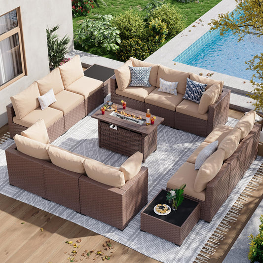Aoxun 15 Piece Patio Furniture Set with 44” Fire Pit Table, Wicker Rattan Patio Sectional Sofa, Outdoor Furniture Set with Thickened Cushion, Brown
