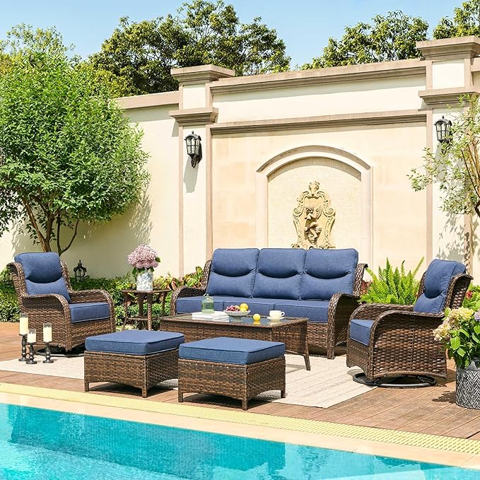 HILLGA Luxury Patio Furniture Set with 6-inch Thick Cushion, Outdoor Couch and High Back Swivel Rocker Patio Chairs, 7PCS Wicker Conversation Set for Deck Yard and Poolside, Blue (V2)