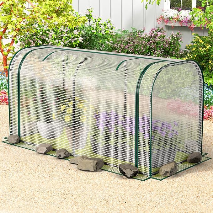 Toolsempire Raised Garden Bed with Greenhouse, Waterproof Sun-Protective Green House with Roll-Up Door & Electroplated Metal Frame, Fir Wood Elevated Planter Box with Drainage Holes(White+Gray)