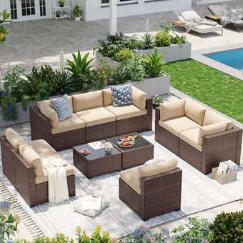 Aoxun Patio Furniture Sets, 10-Piece Outdoor Patio Furniture with Thick Cushions, Wicker Outdoor Conversation Set Sectional Sofa for Backyard, Poolside, Garden