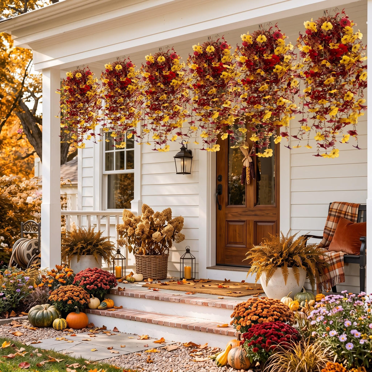 FineCheer 6 Pcs Fall Artificial Hanging Flowers Outdoor, Maroon, Yellow