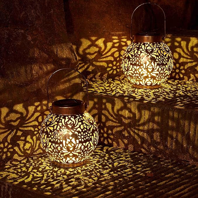 Set of 2 Solar Lanterns Outdoor Hanging Decorative Lights for Garden Patio Porch Decorations. (Bronze)