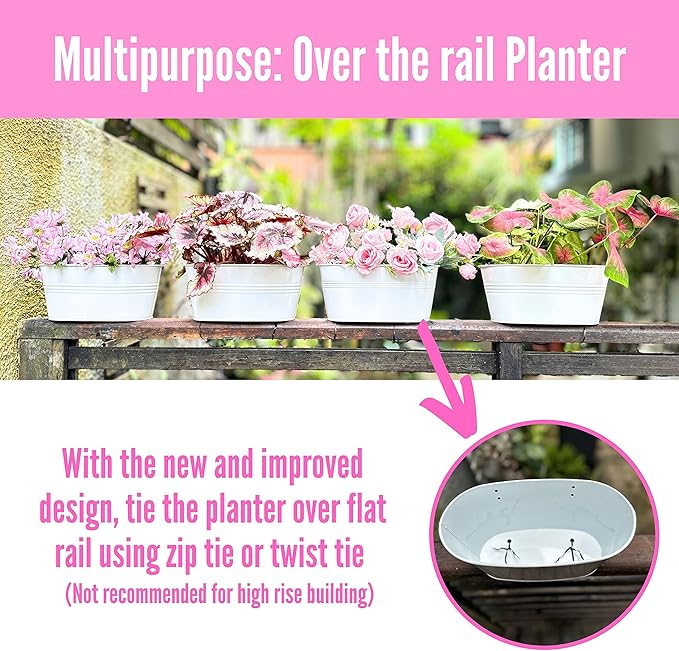 LaLaGreen Rail Planter Outdoor Plants (8 Pack, 11.8 Inch) White Metal Iron Hanging Flower Pots Deck Railings Fence Buckets Modern Countryside Boho Style Wall Mount Window Box Holder Hooks Porch Decor