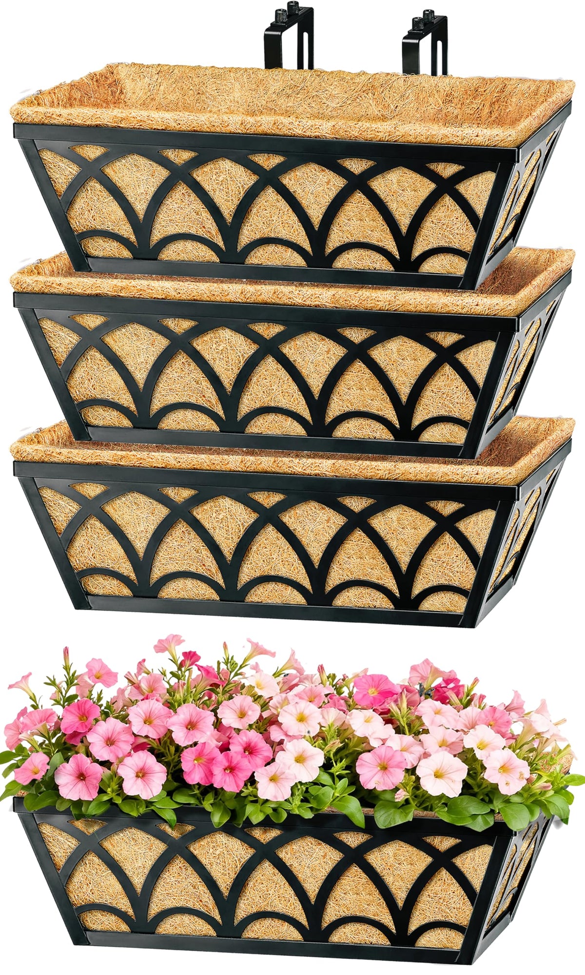 16 Inch Railing Planter Box Window Boxes Planters - 4 Pack Deck Railing Planter Boxes with Adjustable Brackets Coco Liners Balcony Planters Railing Hanging for Window Flower Boxes Outdoor Garden Decor