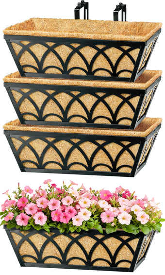 16 Inch Railing Planter Box Window Boxes Planters - 4 Pack Deck Railing Planter Boxes with Adjustable Brackets Coco Liners Balcony Planters Railing Hanging for Window Flower Boxes Outdoor Garden Decor