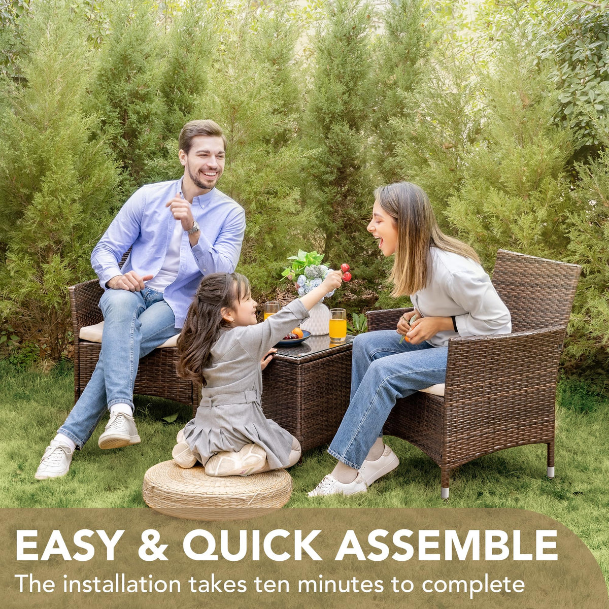 Devoko 3 Piece Patio Furniture Set Outdoor Wicker Conversation (Brown)