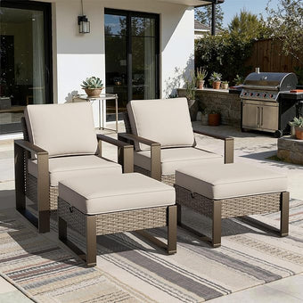 Joyside Outdoor Patio Chairs, 4 Pieces Wicker Rattan Furniture Set, 2 Patio Chairs and 2 Ottoman, Metal Wide Armrest, Thick Cushions and Deep Seating for Garden, Backyard, Porch, Deck