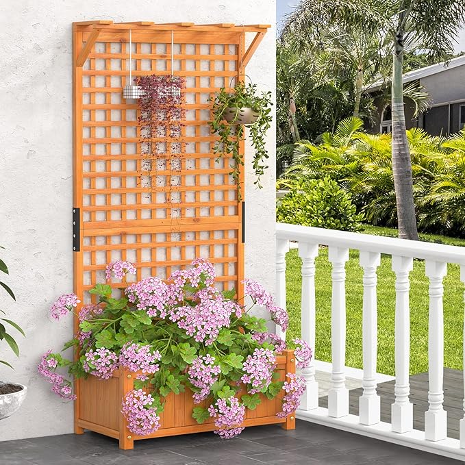 S AFSTAR Planter with Trellis Set of 2, 35.5x17.5x72.5 inch Wood Planter Box with Lattice Trellis & Hanging Roof, Removable Base, Plant Box for Climbing Plant Flower Rose Grape Cucumber