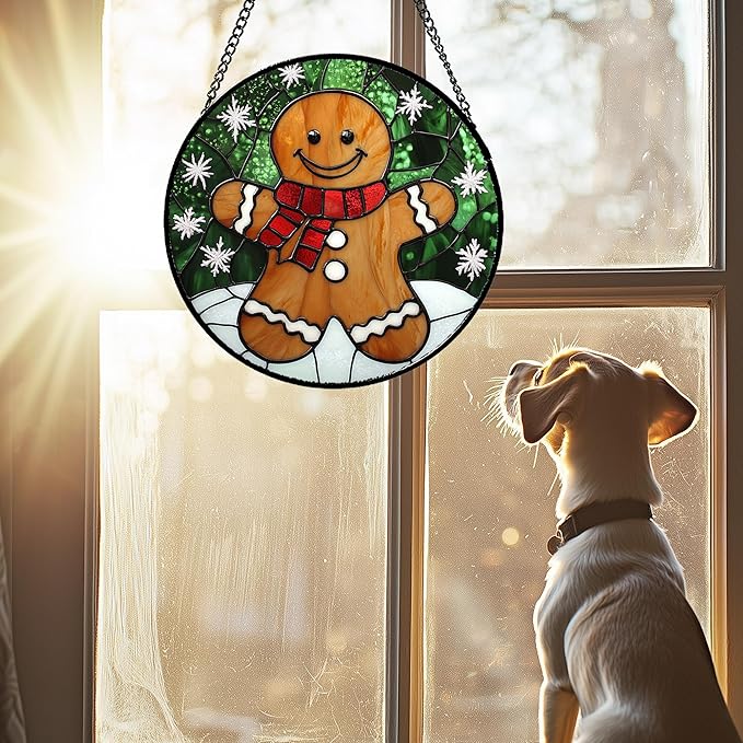Stained Glass Window Hanging Cute Christmas Gingerbread Man Snowflake 6.3" - Suncatcher Door Garden Sun Catcher Home Decor Birthday for Mom Men Woman Nana Friend