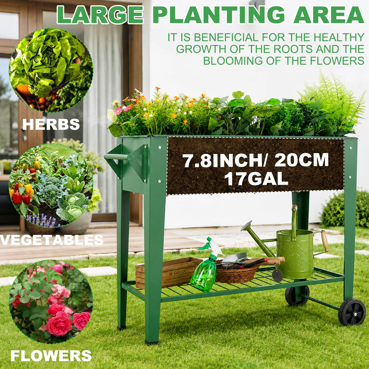 YKTEEDENS Raised Garden Bed with Legs and Wheels, Metal Outdoor, Green