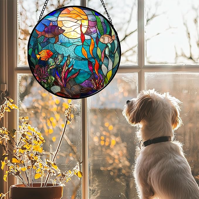 Stained Glass Window Hanging - Blue Ocean World Small Fish Coral Sun Catcher for Door Garden Home Decor Sea Suncatcher Christmas Mother's Day Birthday Gifts for Women Men Mom Nana 6.3 in
