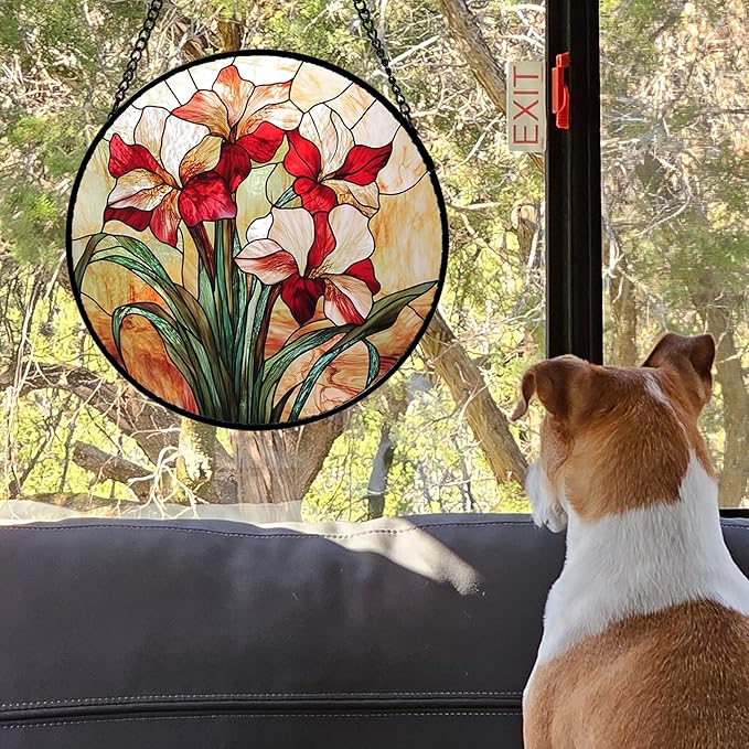 Stained Glass Window Hanging - Red Gladiolus Flower Suncatcher for Door Yard Sun Catchers Decor Christmas Mother's Day Birthday Gifts for Lovers Women Mom Nana Girlfriend Wife 9.8 in