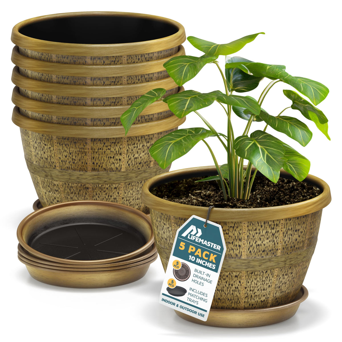 10-Inch Whiskey Barrel Planters Outdoor Pack of 5 - Durable Plastic Plant Pots for Indoor & Outdoor Use with Drainage & Saucer, Lightweight Rustic Barrel Planters for Flowers, Herbs & Small Plants