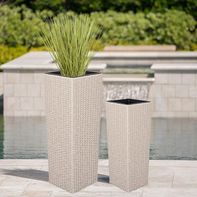 Christopher Knight Home Jorine Patio Wicker Planters Set of 2, Rattan Garden Urn, Iron Frame Flower Pots, Woven Wicker Garden Pot, 2 Plant Urns with Drainage Hole for Backyard Hall Balcony, Beige