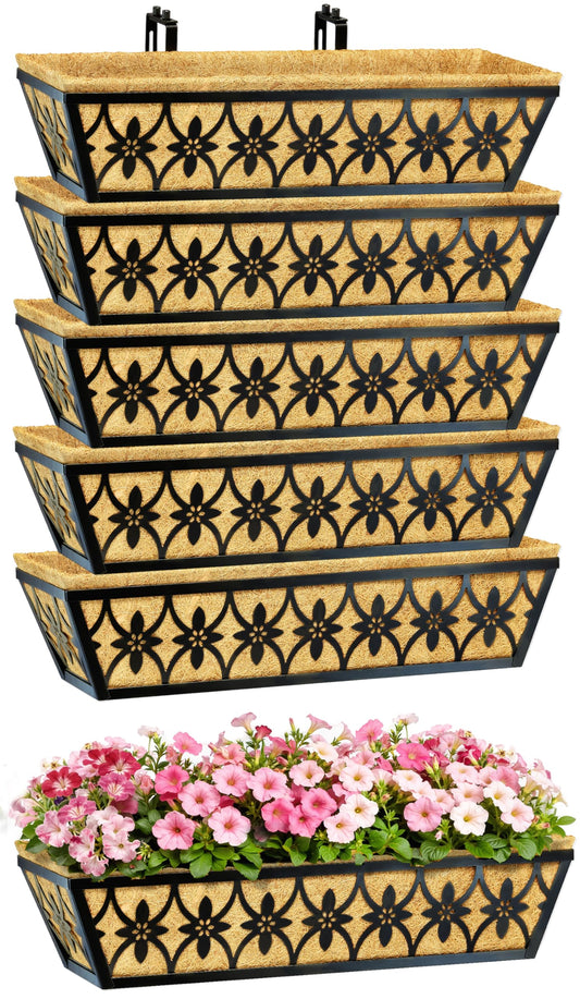 24 Inch Window Boxes Planters Railing Planter Box - 6 Pack Deck Railing Planter Boxes with Adjustable Brackets Coco Liners Balcony Planters Railing Hanging for Window Flower Boxes Outdoor Garden Decor