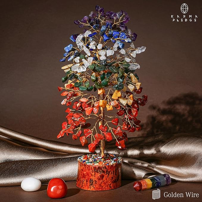 7 Chakra Healing Crystal Tree of Life with Manifestation Card, Handmade Golden Wire Crystal Tree for Good Luck, Positive Energy, Wealth, Reiki Healing, and Decor, Gift for Women and Mom