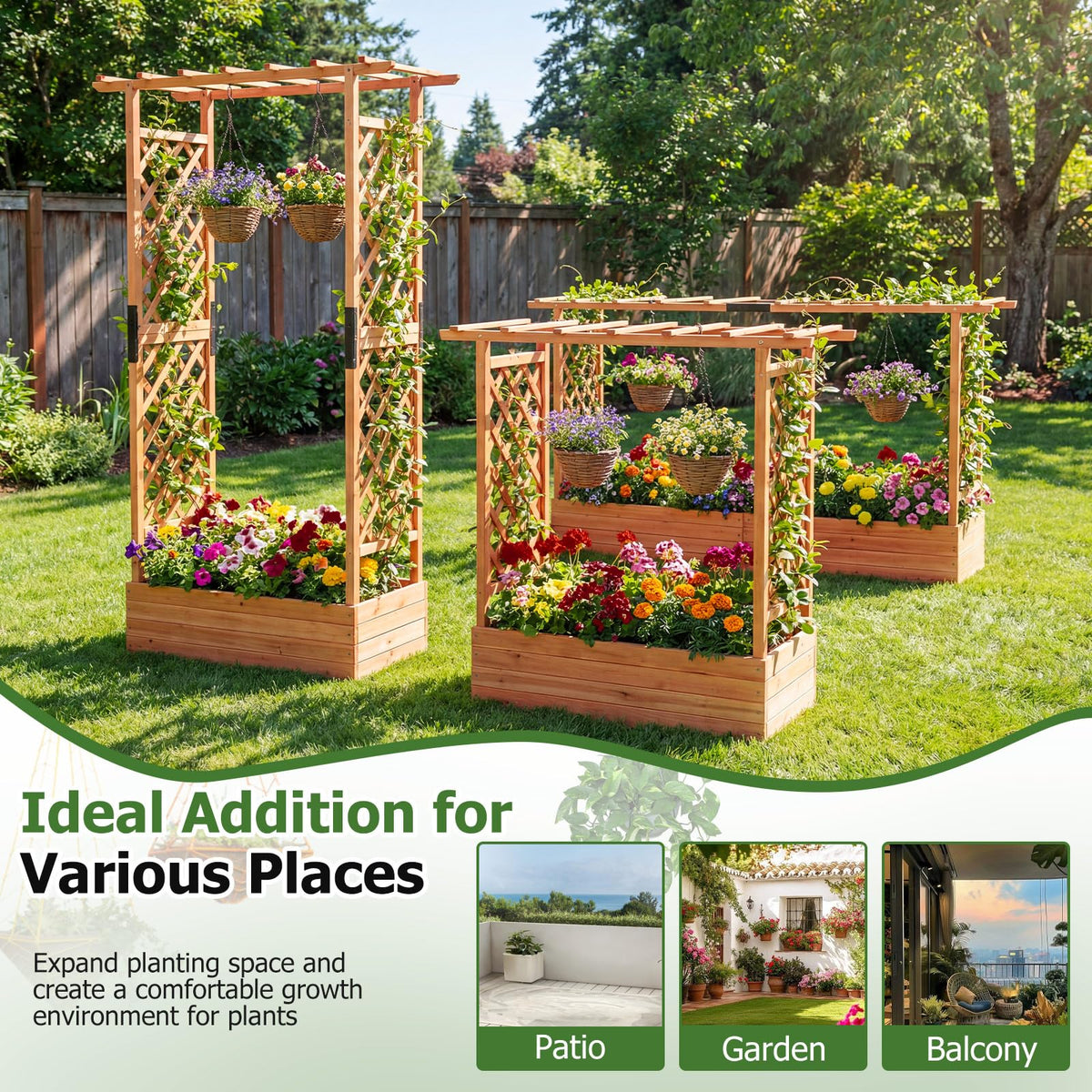 HAPPYGRILL 45" Raised Garden Bed with Trellis & /Hanging Roof