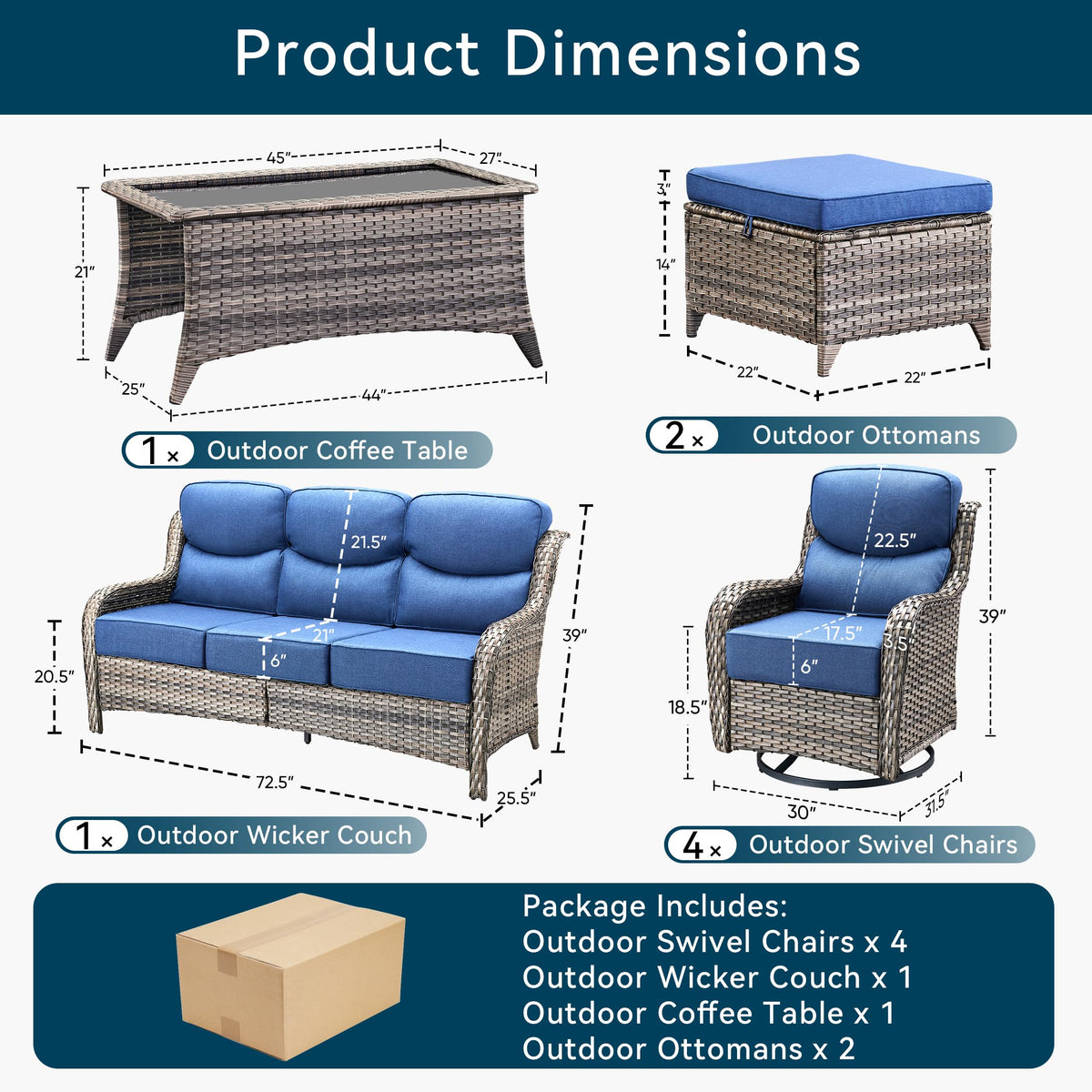 Luxury 8 Pieces Outdoor Patio Furniture Set-All Weather Wicker Swivel Rocker Patio Chairs with 6" Thick Cushion Rattan Sofa Coffee Table, Outdoor Conversation for Garden Porch Backyard(Grey/Blue)