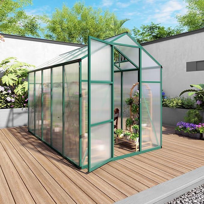 6x10 FT Greenhouse,Outdoor Greenhouse W/ Roof Vent,Walk-in Aluminum Polycarbonate Green Houses W/ Drainage System & Ground Nails,for Outside Garden,Backyard,Patio,Lawn,Green