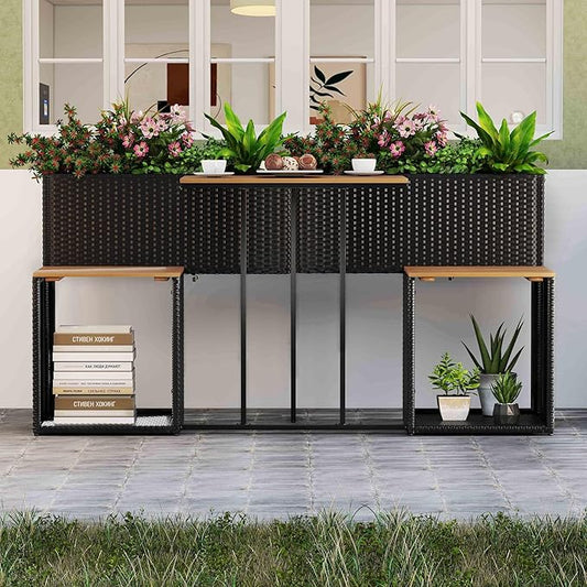 Tangkula Patio Furniture Set with Raised Garden Bed, PE Rattan Garden Planter Table with Built-in Chairs and Storage Space, Acacia Wood Outdoor Conversation Set with Sturdy Metal Frame