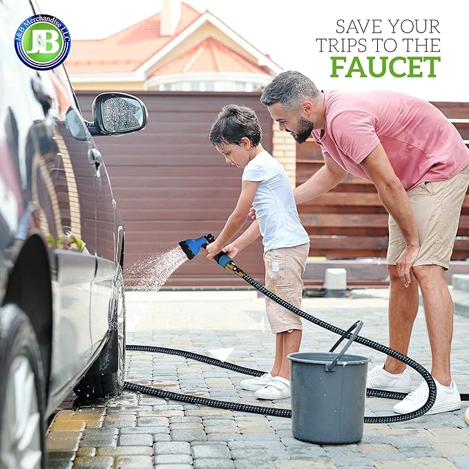 J&B XpandaHose 75ft Expandable Garden Hose with Holder - Heavy Duty Superior Strength 3750D - 4 -Layer Latex Core - Extra Strong Brass Connectors and 10 Spray Nozzle w/Storage Bag (Green 75)