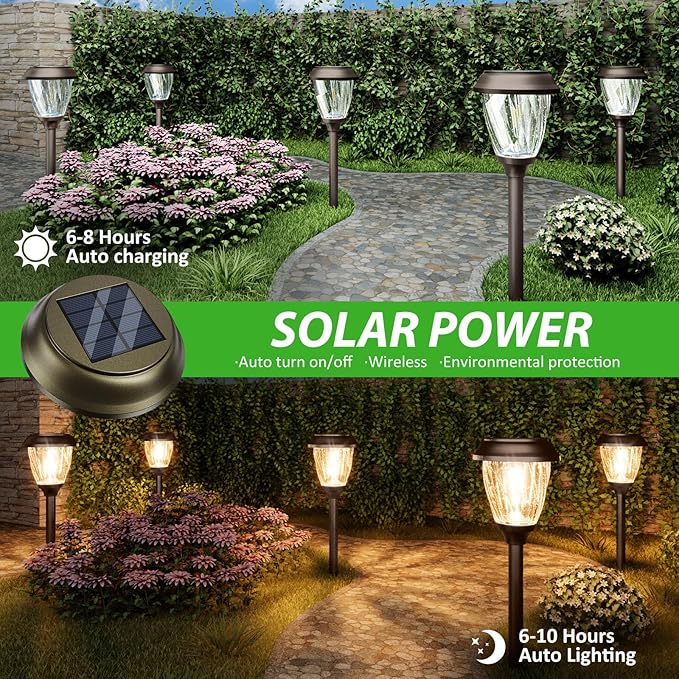 XMCOSY+ Solar Lights Pathway Outdoor - 2 LED Modes 10/25 LM Solar Powered Yard Garden Lighting, Waterproof IP65 Glass Stainless Steel Landscape Lights for Driveway Walkway Sidewalk Decor (Warm White)